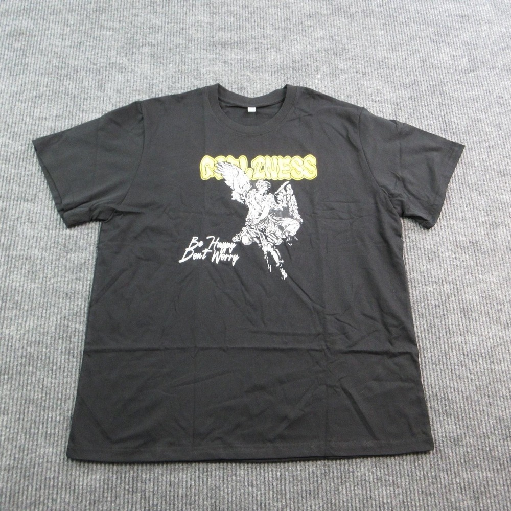 Be Happy Dont Worry Shirt Mens XL Black Crew Neck Cotton Angel Graphic Tee NWOT